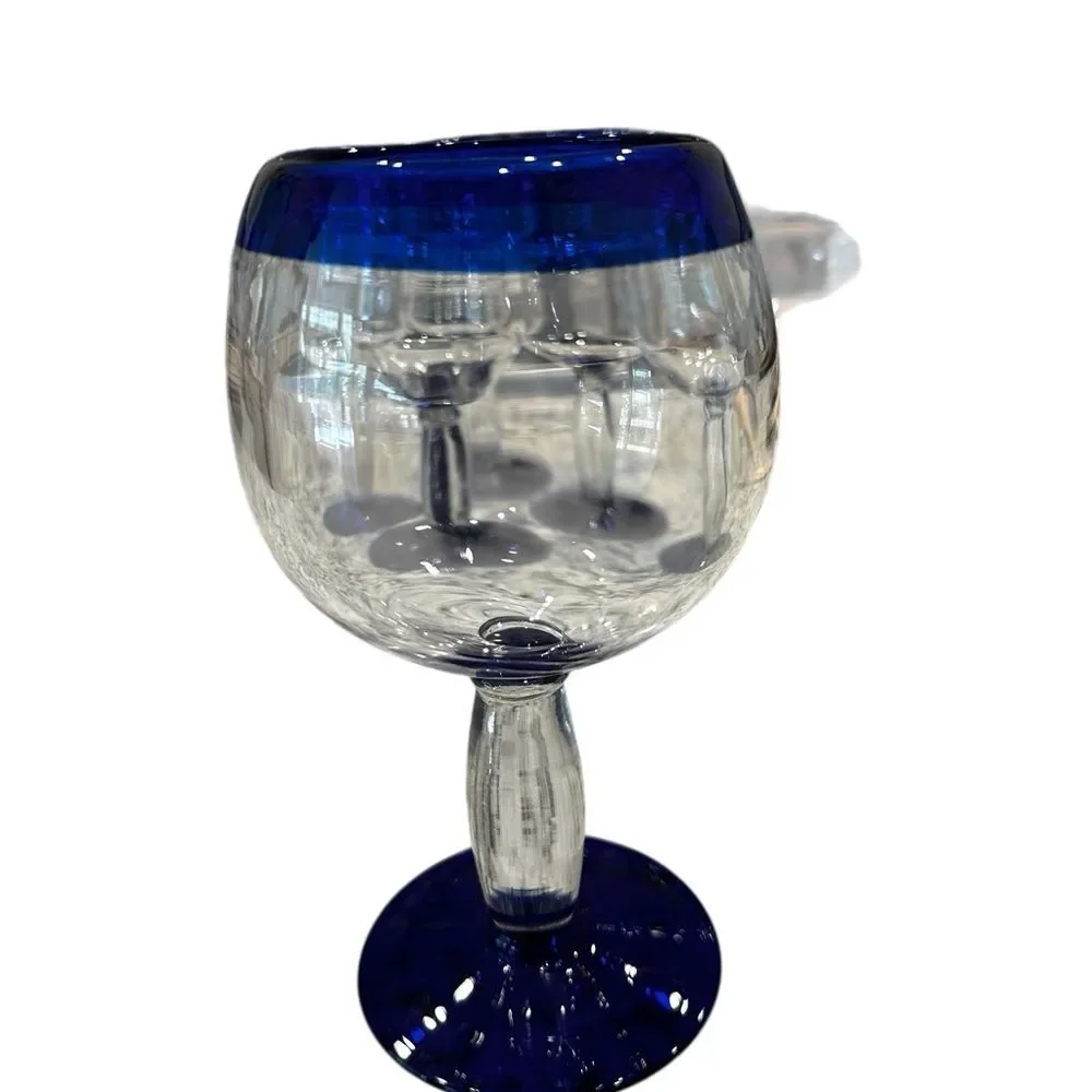 Mexican Handcrafted Cobalt Blue Rim Wine Glass Set of 6
